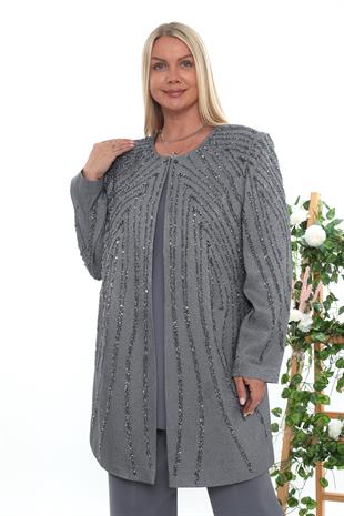 Uzun Kollu Ceketi Taş İşlemeli Büyük Beden Üçlü Pantolonlu Takım