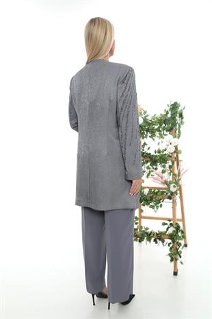 Uzun Kollu Ceketi Taş İşlemeli Büyük Beden Üçlü Pantolonlu Takım