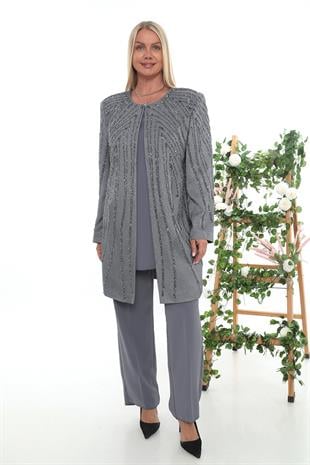 Uzun Kollu Ceketi Taş İşlemeli Büyük Beden Üçlü Pantolonlu Takım