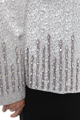 Büyük Beden Astarlı Gümüş Taşlı Uzun Etekli Üçlü Takım