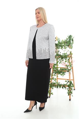 Büyük Beden Astarlı Gümüş Taşlı Uzun Etekli Üçlü Takım