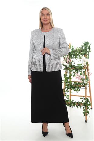 Büyük Beden Astarlı Gümüş Taşlı Uzun Etekli Üçlü Takım