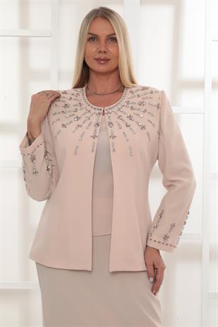 Ceketi Şık Taş İşlemeli Pudra Uzun Etekli Üçlü Takım