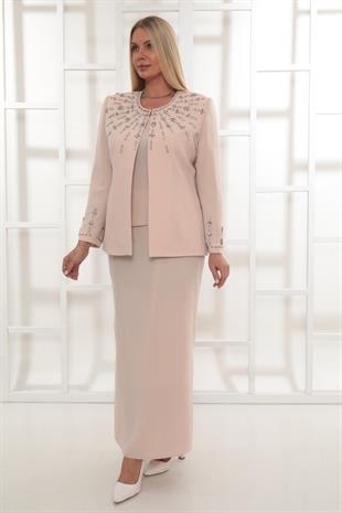 Ceketi Şık Taş İşlemeli Pudra Uzun Etekli Üçlü Takım