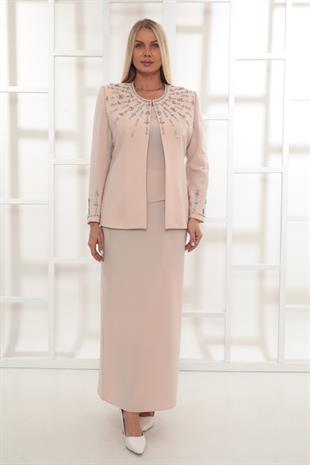 Ceketi Şık Taş İşlemeli Pudra Uzun Etekli Üçlü Takım