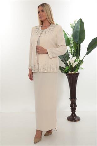 Ceketi Taş İşlemeli Kapalı Yırtmaç Bej Uzun Etekli Üçlü Takım