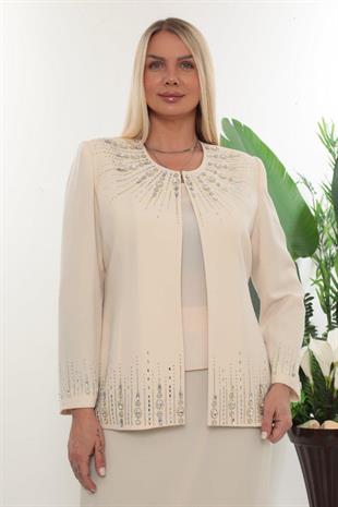 Ceketi Taş İşlemeli Kapalı Yırtmaç Bej Uzun Etekli Üçlü Takım