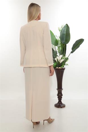 Ceketi Taş İşlemeli Kapalı Yırtmaç Bej Uzun Etekli Üçlü Takım