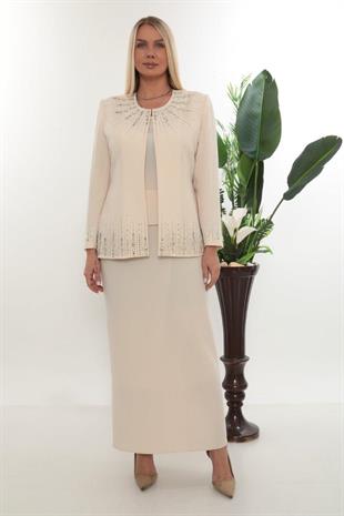Ceketi Taş İşlemeli Kapalı Yırtmaç Bej Uzun Etekli Üçlü Takım