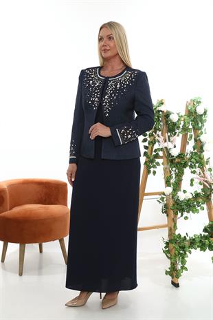 Ceketi ve Kolu Taş İşlemeli Lacivert Uzun Etekli Üçlü Takım