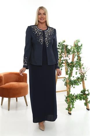 Ceketi ve Kolu Taş İşlemeli Lacivert Uzun Etekli Üçlü Takım