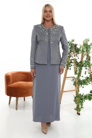 Ceketi ve Kolu Taş İşlemeli Gümüş Uzun Etekli Üçlü Takım