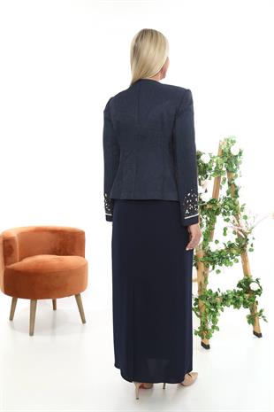 Ceketi ve Kolu Taş İşlemeli Lacivert Uzun Etekli Üçlü Takım