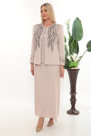 Ceketi Zarif Taş Süslemeli Kapalı Yırtmaçlı Bej Uzun Etekli Üçlü Takım