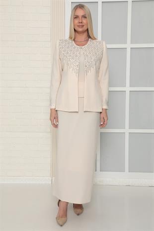 Ceketi Zarif Taş İşleme Detaylı Bej Uzun Etekli Üçlü Takım