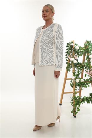 Ceketi Zarif Taş İşlemeli Detaylı Bej Uzun Etekli Üçlü Takım