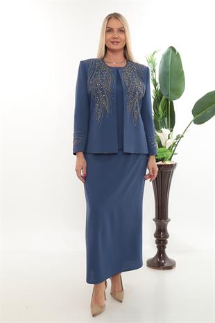 Ceketi Zarif Taş Süslemeli Kapalı Yırtmaçlı Mavi Uzun Etekli Üçlü Takım