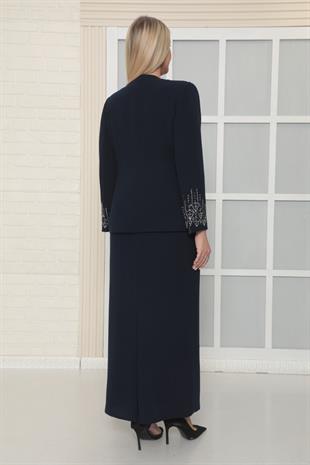 Ceketi Zarif Taş İşleme Detaylı Lacivert Uzun Etekli Üçlü Takım
