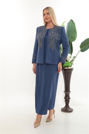 Ceketi Zarif Taş Süslemeli Kapalı Yırtmaçlı Mavi Uzun Etekli Üçlü Takım
