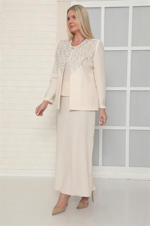 Ceketi Zarif Taş İşleme Detaylı Bej Uzun Etekli Üçlü Takım