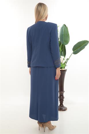 Ceketi Zarif Taş Süslemeli Kapalı Yırtmaçlı Mavi Uzun Etekli Üçlü Takım