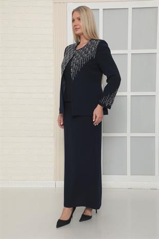 Ceketi Zarif Taş İşleme Detaylı Lacivert Uzun Etekli Üçlü Takım