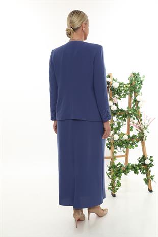 Ceketi Zarif Taş İşleme Detaylı Mavi Uzun Etekli Üçlü Takım