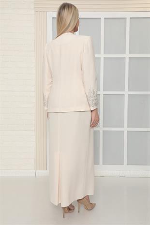 Ceketi Zarif Taş İşleme Detaylı Bej Uzun Etekli Üçlü Takım