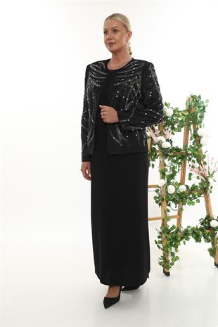 Ceketi Zarif Taş İşlemeli Detaylı Siyah Uzun Etekli Üçlü Takım