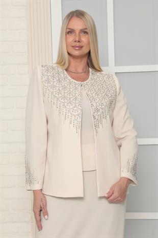 Ceketi Zarif Taş İşleme Detaylı Bej Uzun Etekli Üçlü Takım