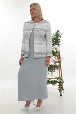 Gri Simli Taş İşlemeli Uzun Etekli Üçlü Takım