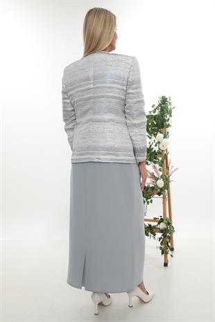 Gri Simli Taş İşlemeli Uzun Etekli Üçlü Takım
