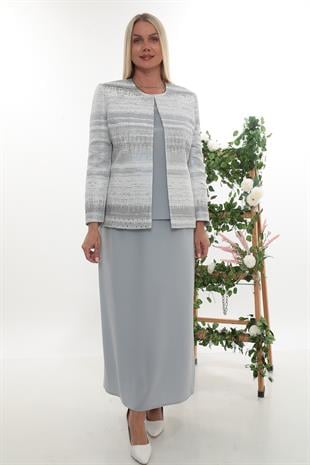 Gri Simli Taş İşlemeli Uzun Etekli Üçlü Takım