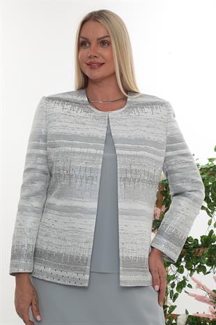 Gri Simli Taş İşlemeli Uzun Etekli Üçlü Takım