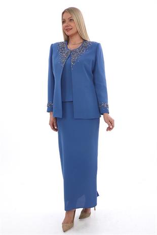 Kolu ve Yakası Şık Taş İşlemeli Mavi Uzun Etekli Üçlü Takım