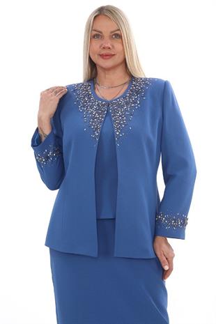 Kolu ve Yakası Şık Taş İşlemeli Mavi Uzun Etekli Üçlü Takım