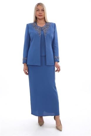 Kolu ve Yakası Şık Taş İşlemeli Mavi Uzun Etekli Üçlü Takım