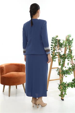 Mavi Simli Ceketi Taş İşlemeli Uzun Etekli Üçlü Takım