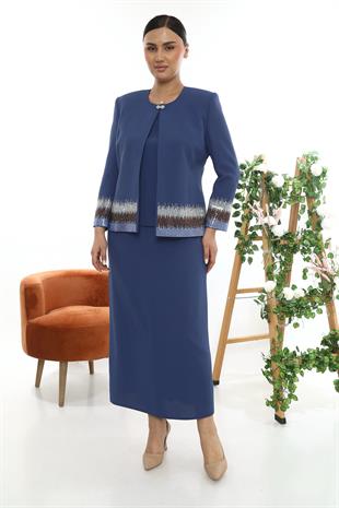 Mavi Simli Ceketi Taş İşlemeli Uzun Etekli Üçlü Takım