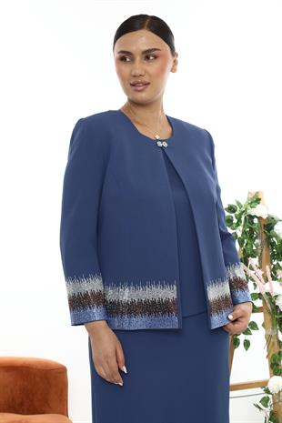 Mavi Simli Ceketi Taş İşlemeli Uzun Etekli Üçlü Takım