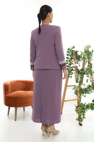 Mor Simli Ceketi Taş İşlemeli Uzun Etekli Üçlü Takım