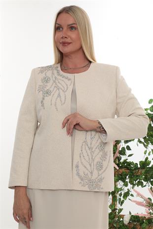 Omuzu ve Ceketi Taşlı Astarlı Bej Uzun Etekli Üçlü Takım