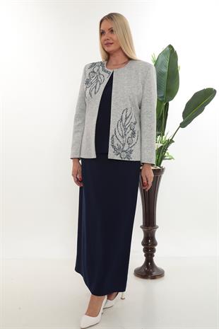 Omuzu ve Ceketi Taşlı Astarlı Lacivert Uzun Etekli Üçlü Takım