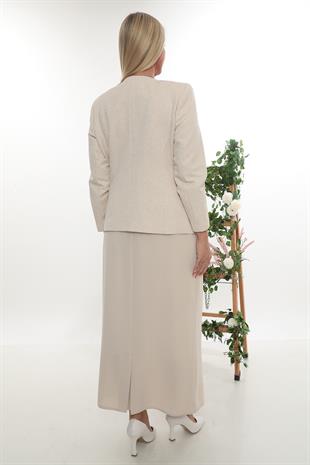 Omuzu ve Ceketi Taşlı Astarlı Bej Uzun Etekli Üçlü Takım