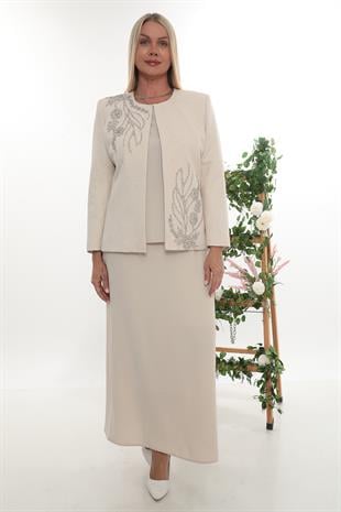 Omuzu ve Ceketi Taşlı Astarlı Bej Uzun Etekli Üçlü Takım