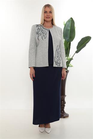 Omuzu ve Ceketi Taşlı Astarlı Lacivert Uzun Etekli Üçlü Takım