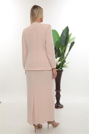 Ceketi Taş İşlemeli Kapalı Yırtmaç Pudra Uzun Etekli Üçlü Takım