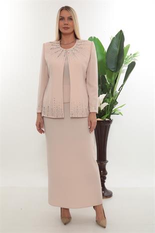 Ceketi Taş İşlemeli Kapalı Yırtmaç Pudra Uzun Etekli Üçlü Takım
