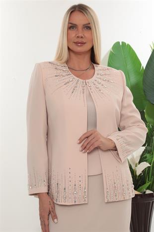 Ceketi Taş İşlemeli Kapalı Yırtmaç Pudra Uzun Etekli Üçlü Takım