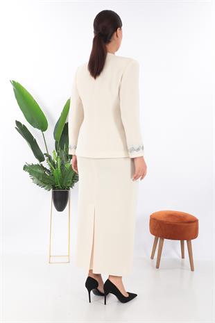 Şık Detaylı Taş Süslemeli Bej Üçlü Uzun Etekli Takım